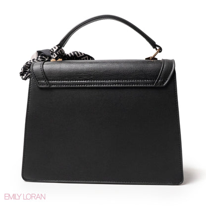 BLACK LEATHER HANDBAG WITH EMILY LORAN SCARF - MED