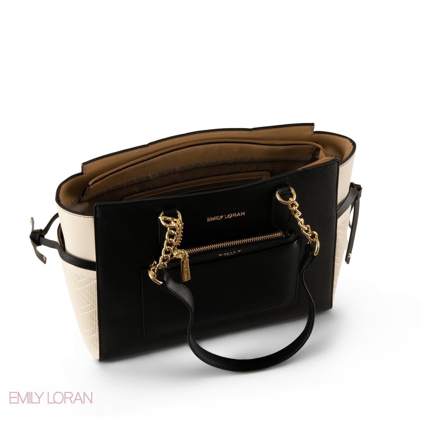 BLACK LEATHER SHOULDER BAG WITH OFF WHITE ACCENTS- LARGE