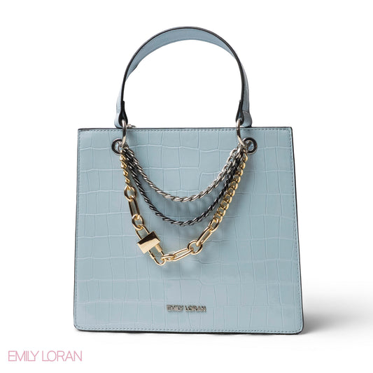 BLUE LEATHER HANDBAG WITH METAL CHAIN ACCENTS - MED