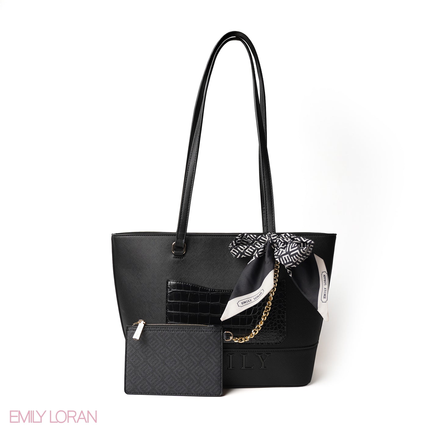 BLACK LEATHER SHOULDERS BAG WITH LOGO EMILY ACCENT, SCARF - LARGE