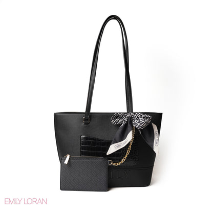 BLACK LEATHER SHOULDERS BAG WITH LOGO EMILY ACCENT, SCARF - LARGE