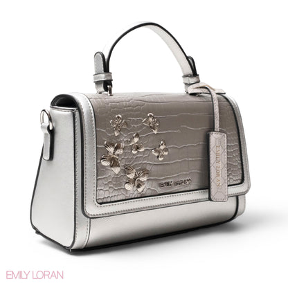 SILVER LEATHER HANDBAG WITH CROC,BUTTERFLIES DETAILS-MED