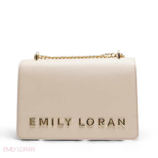 EMILY LORAN SOLID BEIGE METALLIC LOGO FLAP BAG