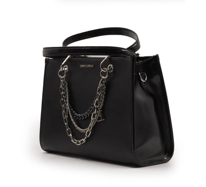 BLACK SHINY LEATHER HANDBAG WITH METAL CHAIN-LARGE