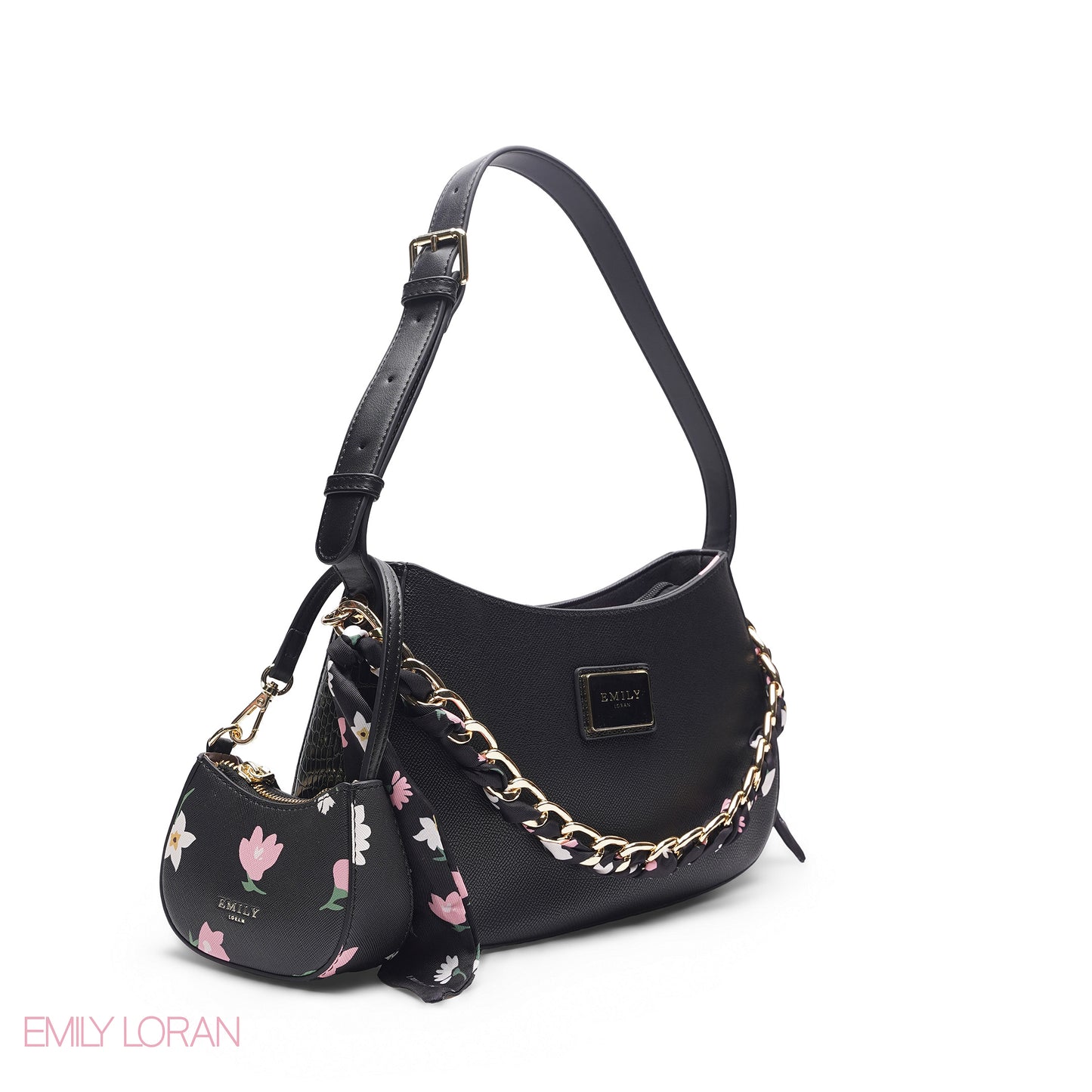 BLACK WITH FLORAL MINI BAG & SCARF - MED