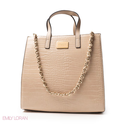 BEIGE CROCODILE LEATHER HANDBAG WITH METAL CHAIN - LARGE