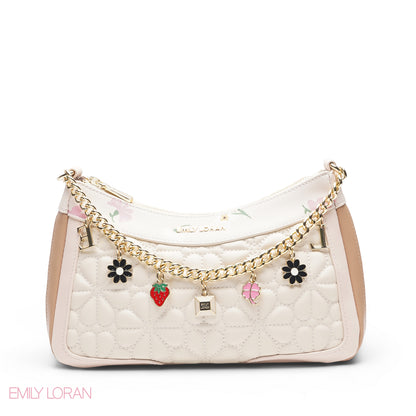 WHITE FLORAL SHOULDER BAG WITH CHAIN STRAP