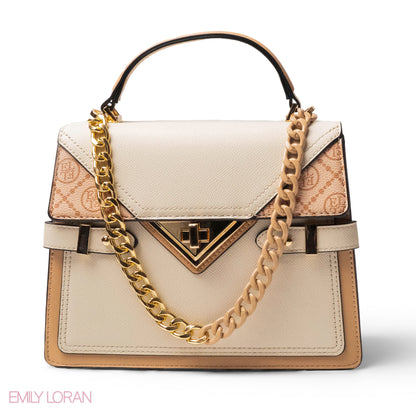 BEIGE LEATHER HANDBAG WITH METAL CHAIN ACCENTS-MED