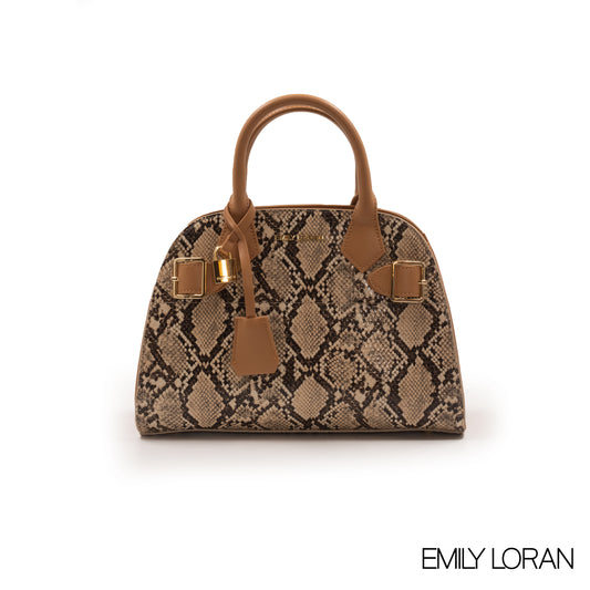 BEIGE SNAKE LEATHER HANDBAG WITH GOLD LOCK DETAIL-MED