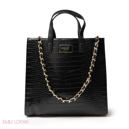BLACK CROCODILE LEATHER HANDBAG WITH METAL CHAIN - LARGE