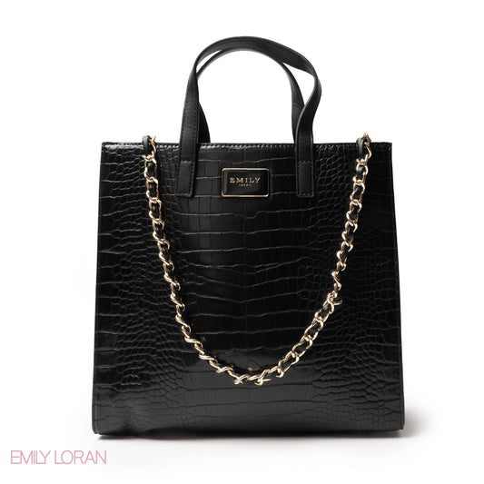 BLACK CROCODILE LEATHER HANDBAG WITH METAL CHAIN - LARGE