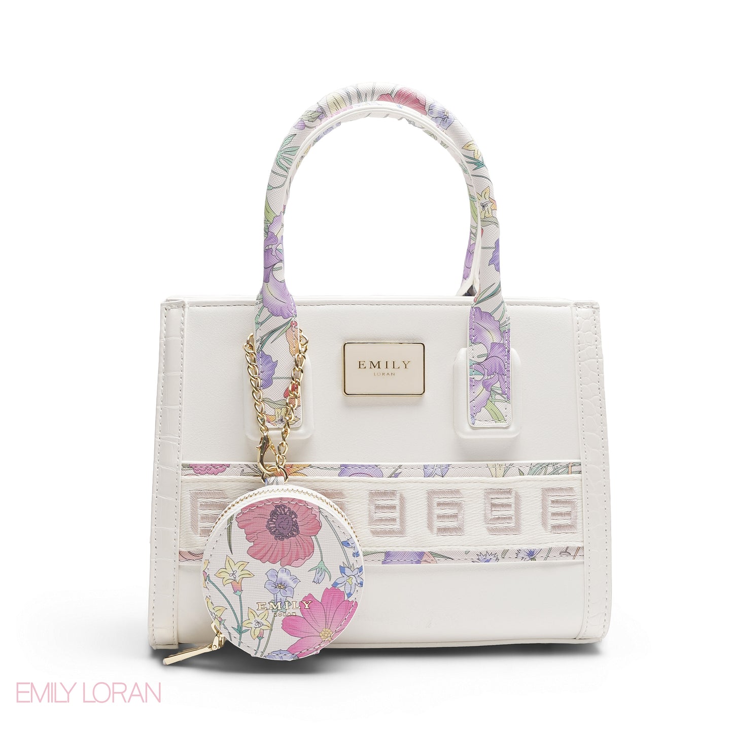 WHITE EMILY FLORAL ACCENT TOTE BAG WITH LOGO STRAP - MED