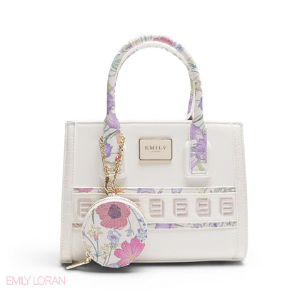 WHITE EMILY FLORAL ACCENT TOTE BAG WITH LOGO STRAP - MED