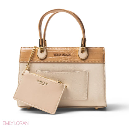 BEIGE LEATHER SMOOTH HANDBAG WITH CROC DETAILS-MED