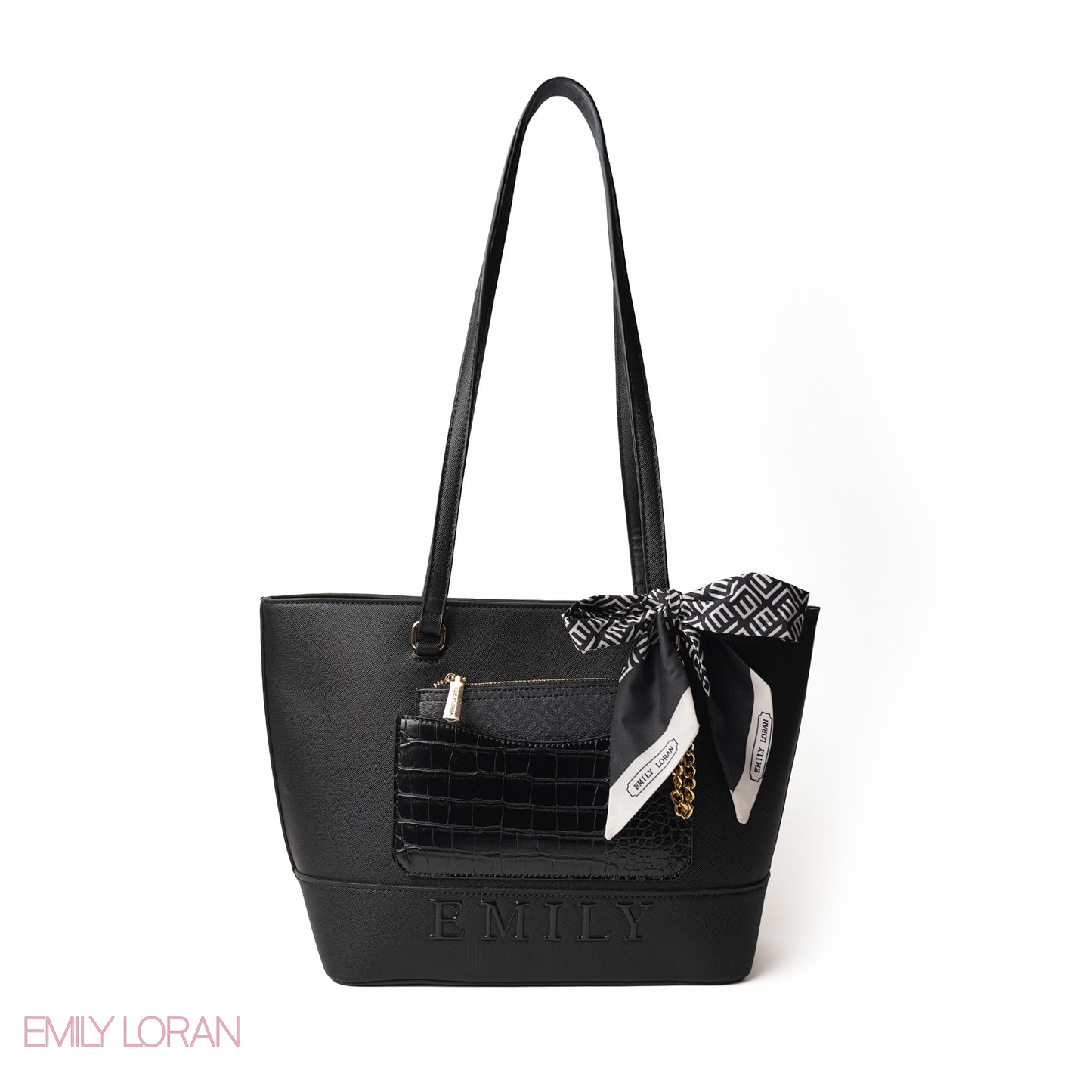 BLACK LEATHER SHOULDERS BAG WITH LOGO EMILY ACCENT, SCARF - LARGE