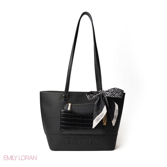 BLACK LEATHER SHOULDERS BAG WITH LOGO EMILY ACCENT, SCARF - LARGE