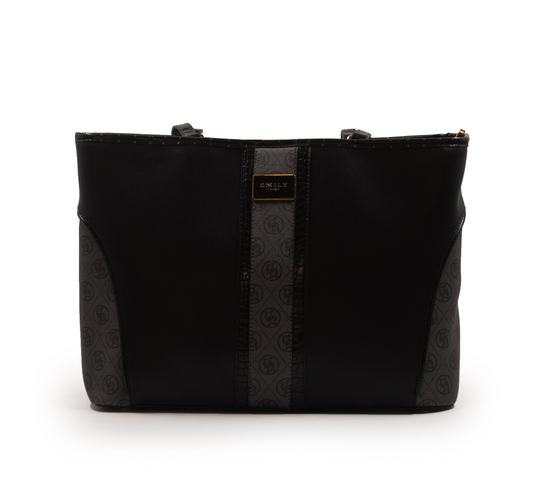 BLACK LEATHER EMILY LORAN WITH PATTERNED TRIM-LARGE