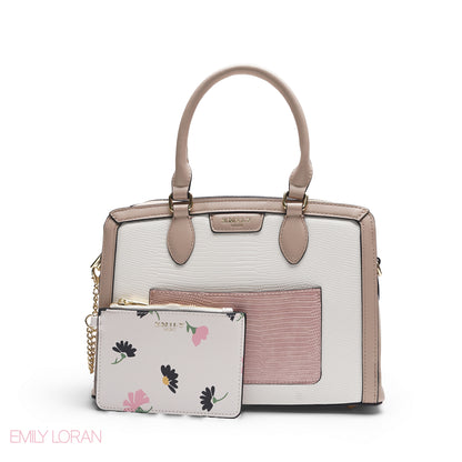 EMILY WHITE & PINK FLORAL BAG WITH MINI POUCH - MED