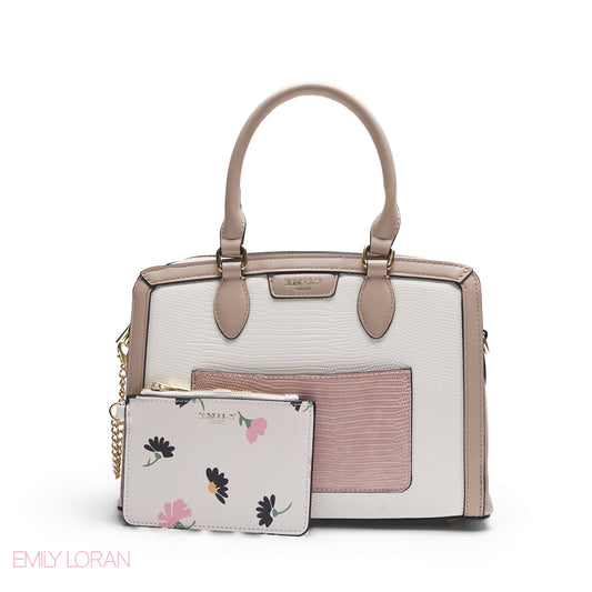 EMILY WHITE & PINK FLORAL BAG WITH MINI POUCH - MED
