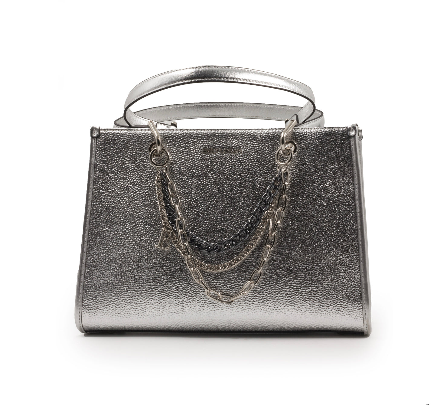 SILVER SHINY LEATHER HANDBAG WITH METAL CHAIN-LARGE