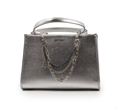 SILVER SHINY LEATHER HANDBAG WITH METAL CHAIN-LARGE