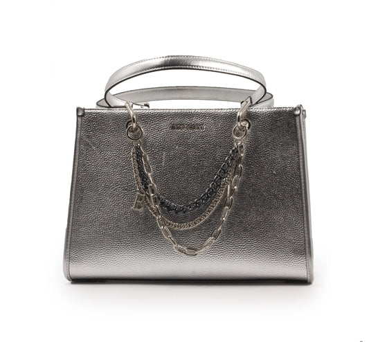 SILVER SHINY LEATHER HANDBAG WITH METAL CHAIN-LARGE