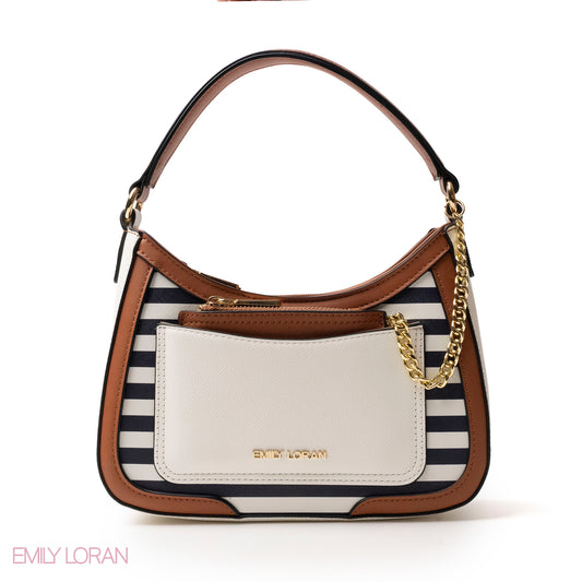 STRIPED NAVY LEATHER HANDBAG WITH METAL CHAIN -SMALL