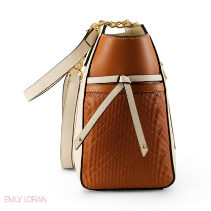 CREAMY LEATHER SHOULDER BAG WITH CROC ACCENTS - LARGE