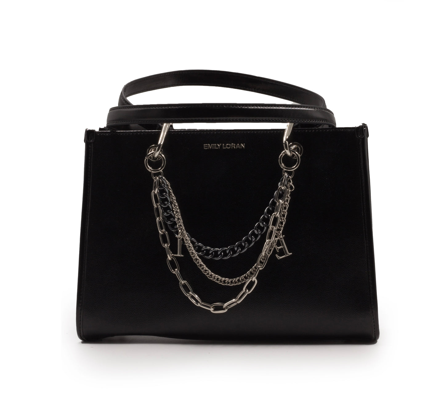 BLACK SHINY LEATHER HANDBAG WITH METAL CHAIN-LARGE