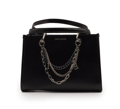 BLACK SHINY LEATHER HANDBAG WITH METAL CHAIN-LARGE
