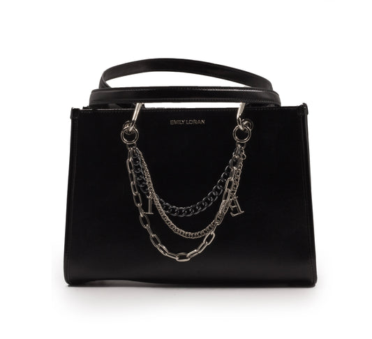 BLACK SHINY LEATHER HANDBAG WITH METAL CHAIN-LARGE