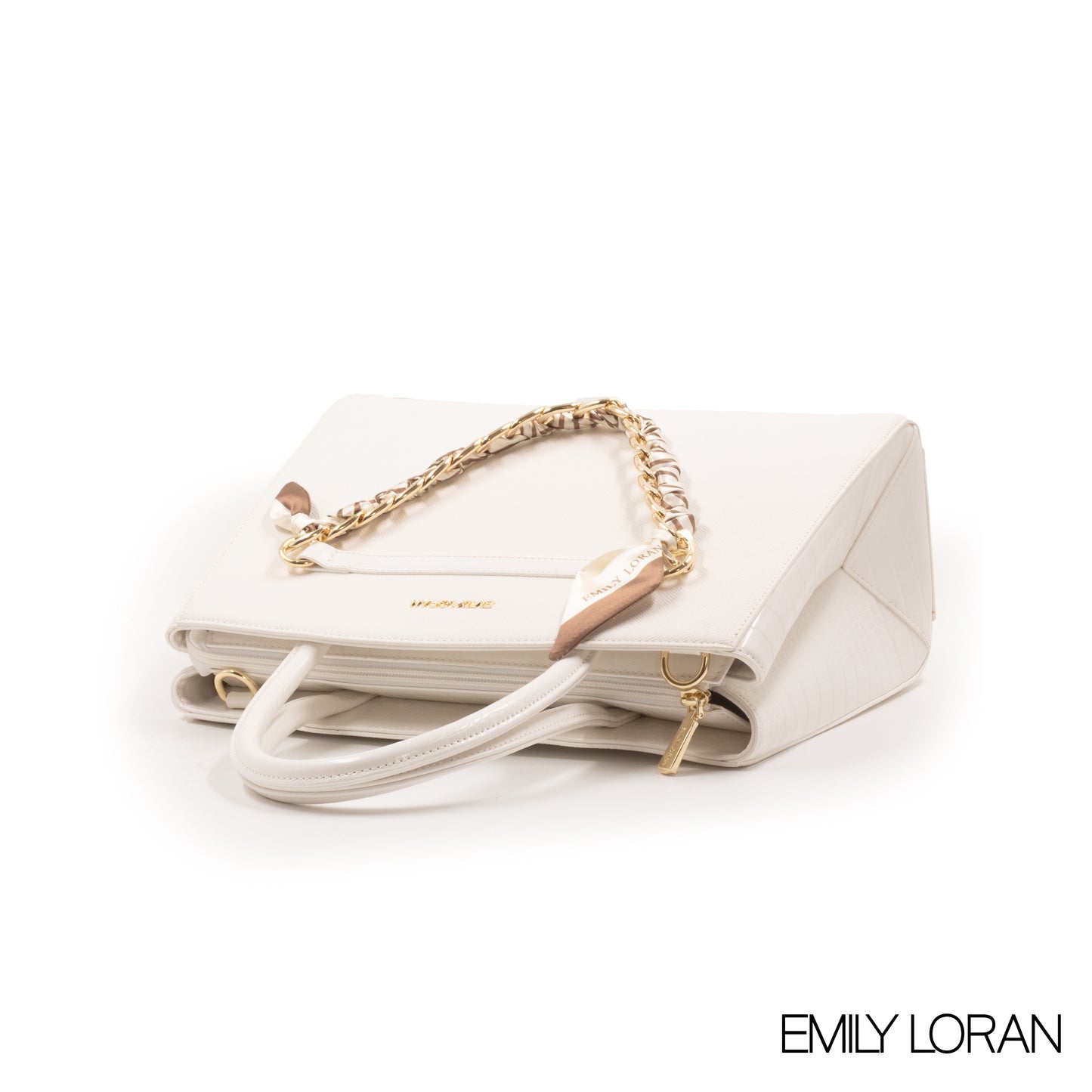 WHITE LEATHER HANDBAG WITH CHAIN DETAIL-MED