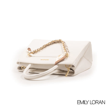 WHITE LEATHER HANDBAG WITH CHAIN DETAIL-MED
