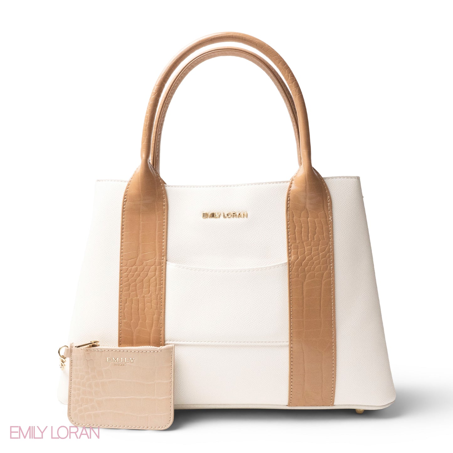 WHITE SMOOTH LEATHER HANDBAG WITH CROC DESIGN -LARGE