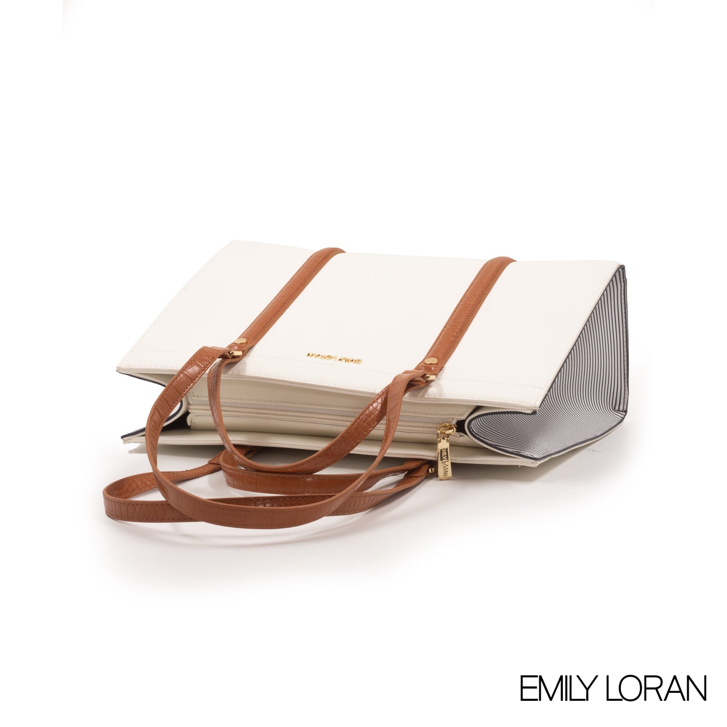 WHITE EMILY LORAN HANDBAG WITH BROWN LEATHER TRIM -LARGE