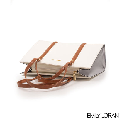 WHITE EMILY LORAN HANDBAG WITH BROWN LEATHER TRIM -LARGE