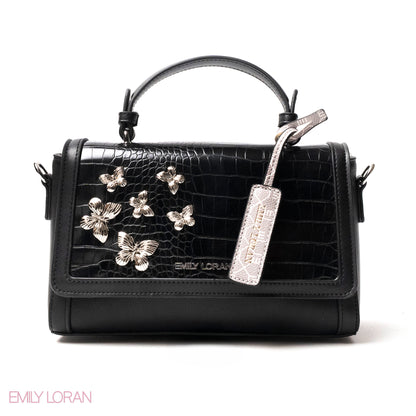 BLACK LEATHER HANDBAG WITH CROC,BUTTERFLIES DETAILS-MED