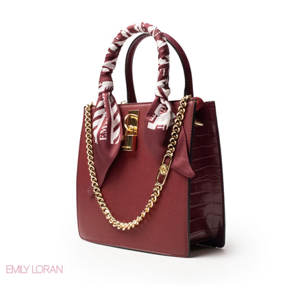 MAROON LEATHER HANDBAG WITH SILKY SCARF, METAL CHAIN - MED